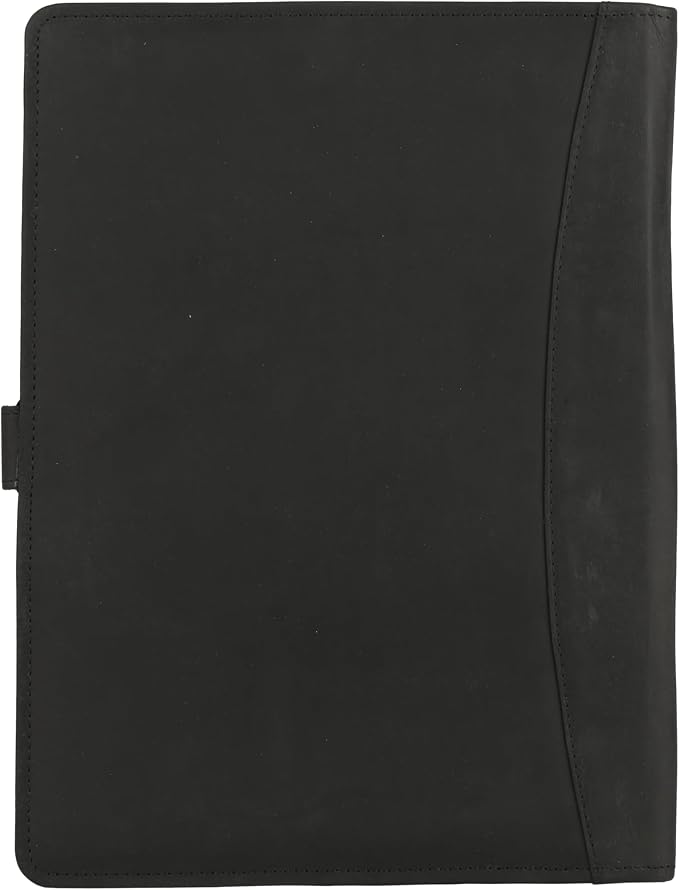 KomalC Leather Portfolio Folder with Button Closure | Business Padfolio for Professionals | Vintage Organizer with Legal Pad Holder, Card Slots & Document Pockets (Black)
