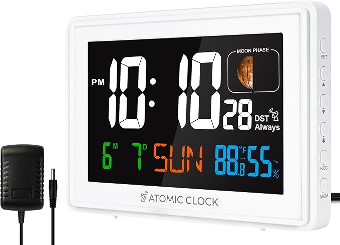 Digital Atomic Alarm Clocks for Bedrooms Battery Backup | Color Display, Self-Setting Clock, Auto DST, Indoor Temperature Humidity, Moon Phase, Calendar, Time, Day of Week, White