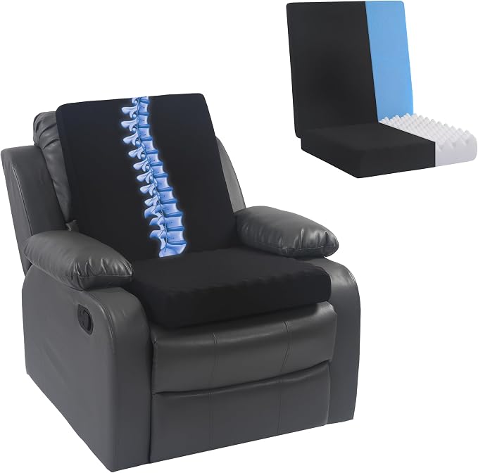 Recliner Seat Cushion, Egg Foam Creat Seat Cushion & Memory Foam Back Pad | Pressure Relief Chair Cushion for Elderly, Wheelchair, Office Chair, 20x20x4in Seat, 20x22x3in Back, Black