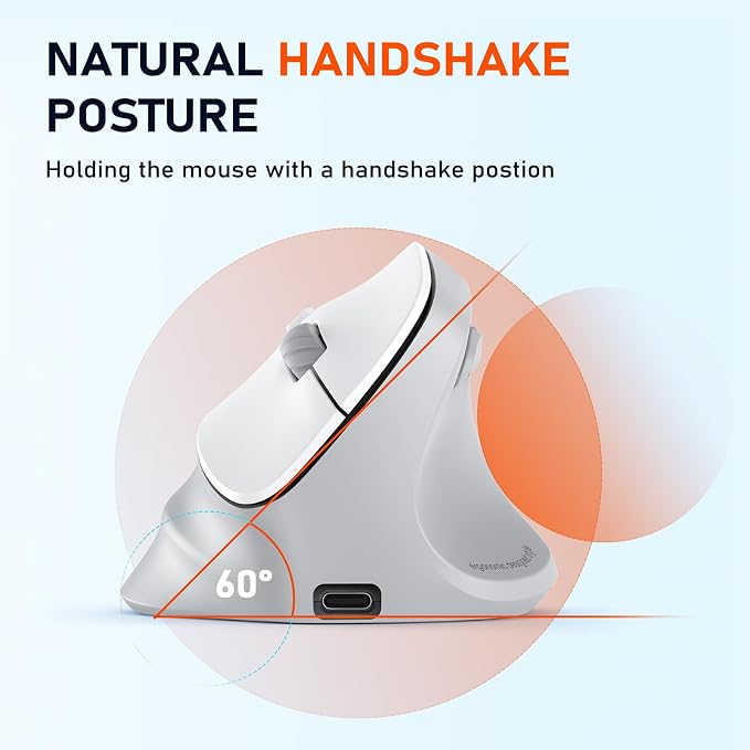 MEETION Ergonomic Mouse, Wireless Vertical Mouse RGB Backlit Rechargeable Mice for Bluetooth(5.2 + 3.0) & USB, 4 Adjustable DPI Mac/Windows/Andriod/Tablet/iPad Gray