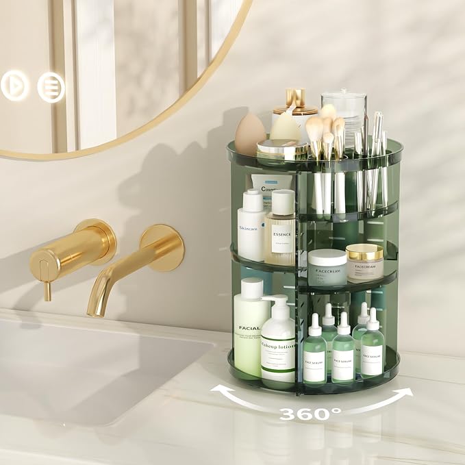 Rotating Makeup Organizer with DIY 8 Adjustable Layers, Clear Green | Spinning Skincare Storage, Cosmetic Display Case with Brush Holder and Perfume Tray