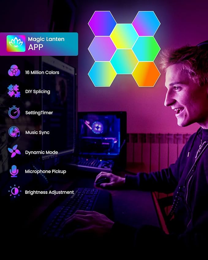 Hexagon LED Lights Wall,RGB Lights with APP/Remote & Music Sync,DIY Modular & Gaming Room Decor,Tap Wall LED Panels for Bedroom (12-Pack)