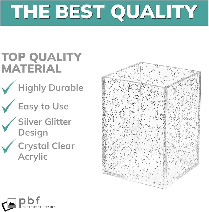 pbf Clear Acrylic Pen Holder for Desk | Clear Pencil Holder | Acrylic Makeup Brush Holder for Vanity | Pen Organizer | Bookmark Holder | Pencil Cups | Desk Organizer (Silver Glitter)