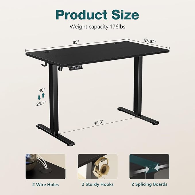 Sweetcrispy Electric Standing Desk Adjustable Height, 63x24 Inch Sit Stand Up Home Office Desks Memory Computer Workstation PC Work Table with Preset Splice Wood Board Metal Frame, Black