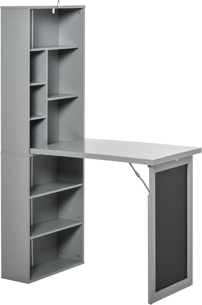 Folding Wall Mounted Desk with Storage, Expandable Hidden Computer Desk, Foldable Space-Saving Pull Out Murphy Table, Writing Table with Blackboard for Home Office Bedroom Small Spaces (Charcoal grey)