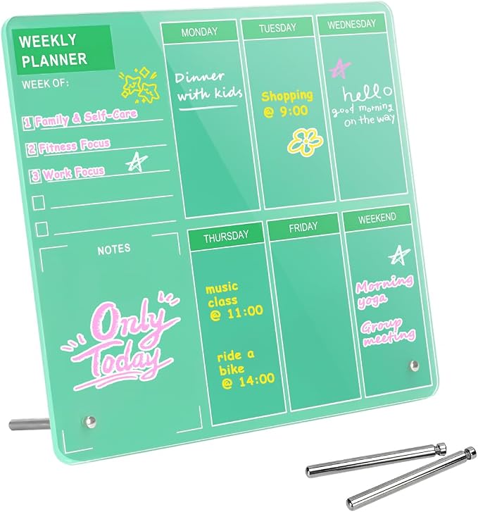 Desktop Thickened Acrylic Dry Erase Board, Weekly White Board with to Do List, Tabletop Whiteboard with Stand, Frameless Dry Erase Green Board，9.8"x11.8" for Office, Home, School(Desktop-GRN-2530)