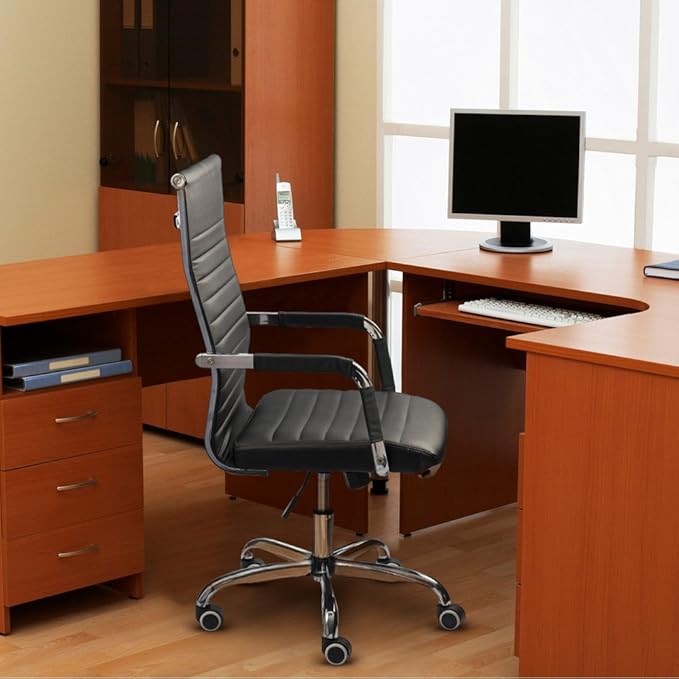 Furmax Ribbed Office Desk Chair Mid-Back PU Leather Executive Conference Task Chair Adjustable Swivel Chair with Arms (Black)