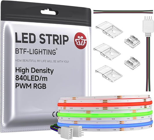 BTF-LIGHTING FCOB COB RGB LED Strip 840LED/m 9.8FT DC24V Color Changing Flexible High Density Uniform Light 10mm Width for Bedroom Home Indoor Decoration(No Adapter or Controller)