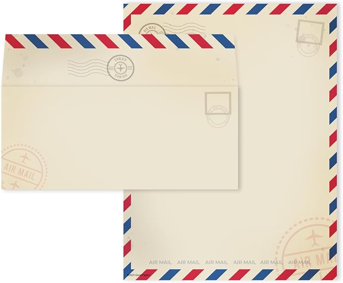 Vintage Air Mail Letterhead With Envelopes / 40 Rustic Travel Themed Airmail Sheets With Matching Envelopes / 8.5" x 11" Vintage Red Blue Throwback Paper Stationery Design
