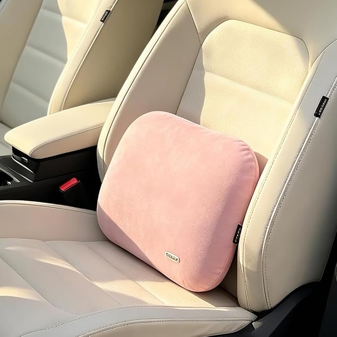 Carwales Auto Lumbar Pillow Slim Soft Suede Latex Lower Car Seat Back Support Cushion for Recliner Office Chair Pressure Relief Latex Memory Light Pink