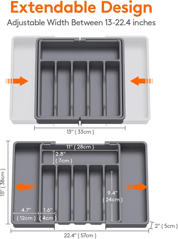 Lifewit Silverware Drawer Organizer, Expandable Utensil Tray for Kitchen, BPA Free Flatware and Cutlery Holder, Adjustable Plastic Storage for Spoons Forks Knives, 13-22 x 15", Dark Gray