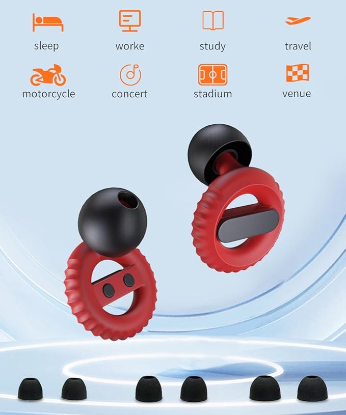 Ear Plugs for Sleeping Noise Cancelling EarPlugs Reusable Ear Protection for Musicians,Rave,Focus,Moto and Sleep 25dB Silicone Earplugs Noise Reduction 8 Pair Ear Tips (XS/S/M/L) Red-Black