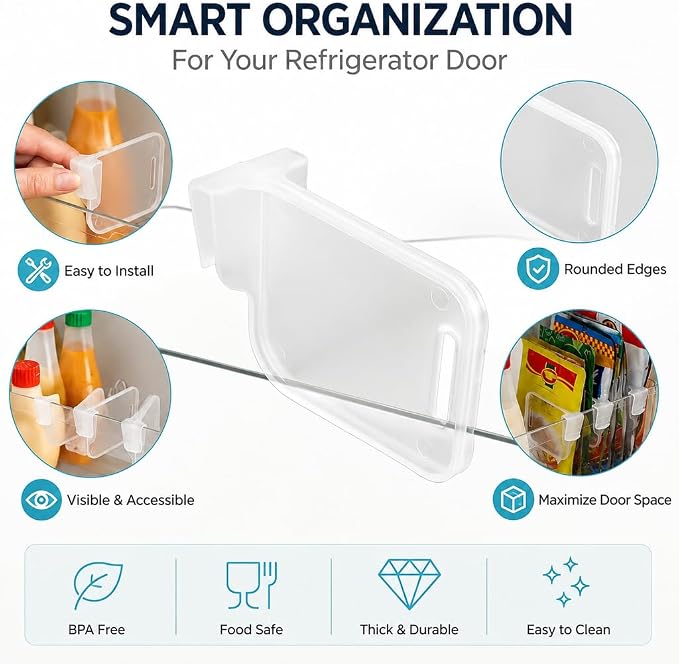 Clear Fridge Door Organizer Clips, 8pcs Adjustable Refrigerator Side Door Divider Set, Thickened Transparent Shelf Separators for Condiments, Bottles, Jars, Space Saving Kitchen Storage