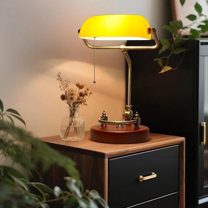 Bankers Lamp, Traditional Orange Desk Lamp with Solid Birch Wood Base, Orange Glass Antique Library Lamp with Pull Chain Switch, Plug in Vintage Bankers Desk Lamp for Office, Study Room 【E26 Socket】