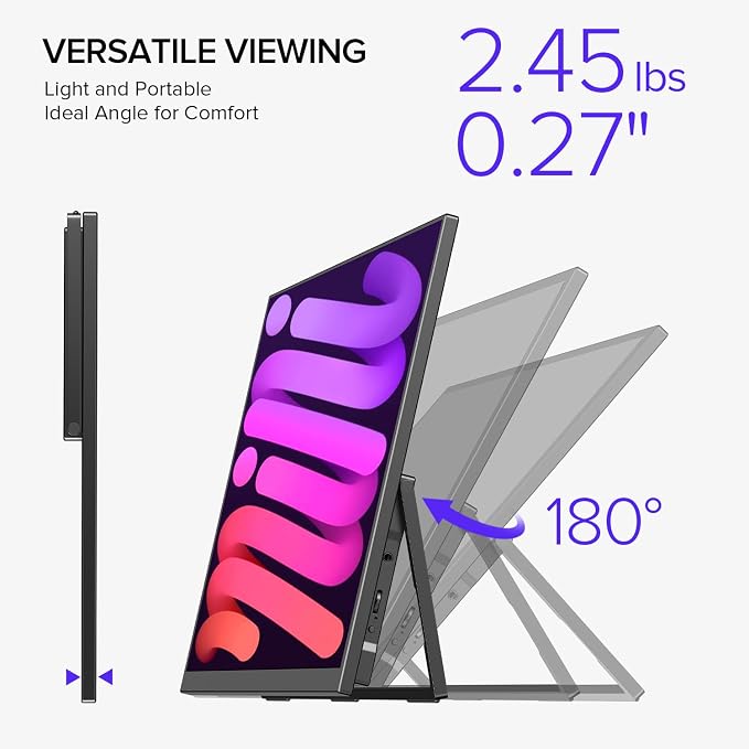UPERFECT Portable Monitor 18.5" 120HZ 125% sRGB Portable Laptop Monitor w/VESA & Stand, FreeSync HDR Gaming Monitor, 350Nits USB-C & MINI HDMI Travel Second Screen for Laptop, PC, Game Consoles