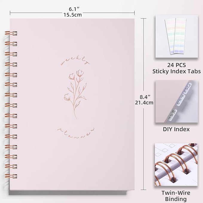 Undated Weekly and Monthly Planner Spiral Bound- Weekly Goals Notebook, To Do List, Habit Tracker Journal, Academic, Aesthetic, Stylish School or Office Supplies (6.1" x 8.4" - Pink)