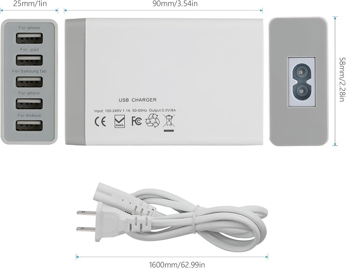 Desktop 5 Port USB Wall Charger 40W 8A, USB Hub Charging Station | Pezin & Hulin Protable Multi Port USB Charger for Multiple Devices, for Cell Phone, Tablet, Android Smart Phone and More