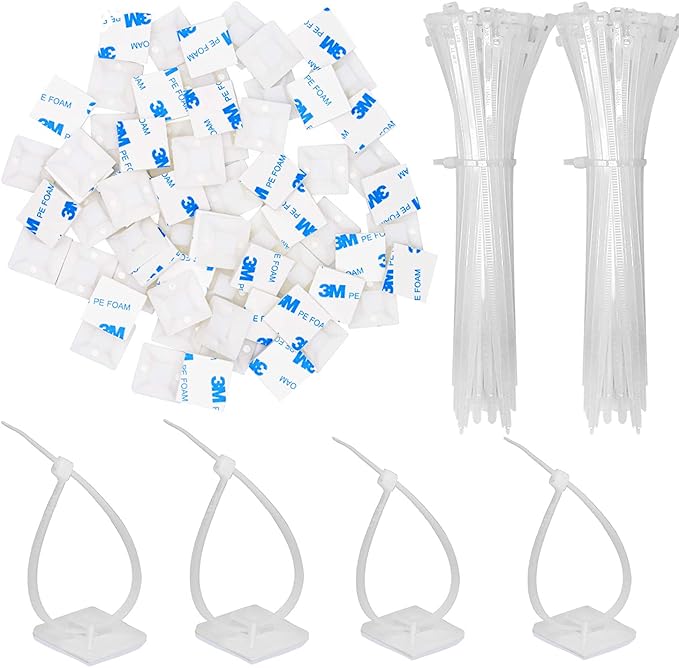 100 Pack 1.1 inch Zip Tie Adhesive Mounts Self Adhesive Cable Tie Base Holders with Multi-Purpose Tie wire clips with screw hole,Anchor stick on wire holder with 8 inch zip ties（White）