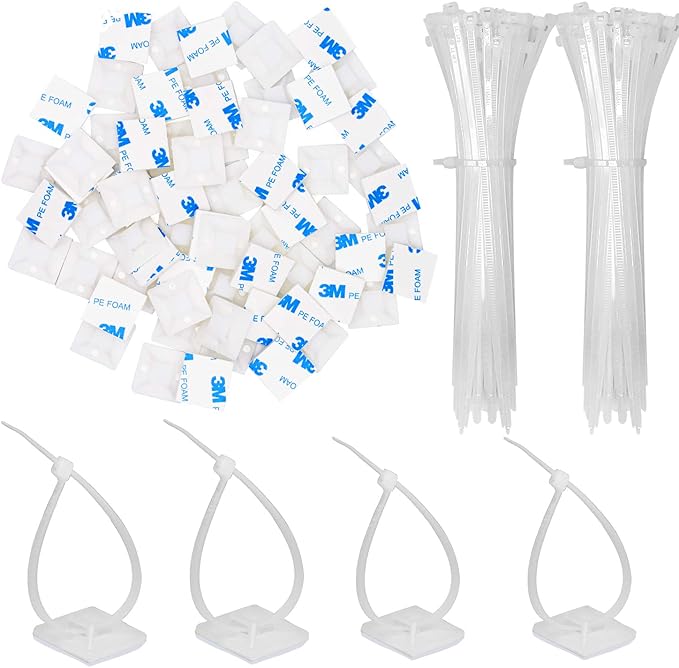 50 Pack 1.5 inch Zip Tie Adhesive Mounts Self Adhesive Cable Tie Base Holders with Multi-Purpose Tie wire clips with screw hole,Anchor stick on wire holder with 8 inch zip ties（White）