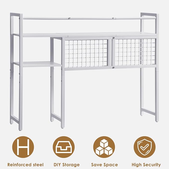 4-Tier Desk Hutch Shelf with Grid Panel, 39” Desktop Bookshelf for Monitor, Office & Home (White, 39")