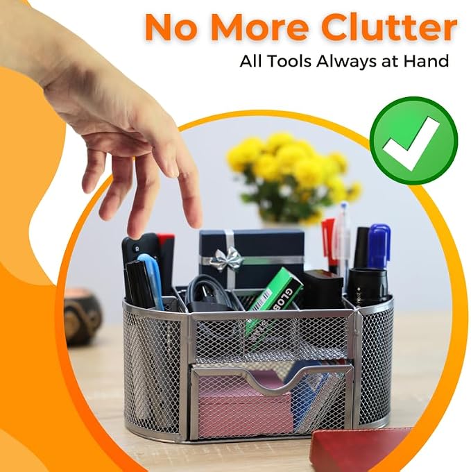 Pen Holder Desk Organizer – 9-Compartment Pencil Holder Desk Organizer with Drawer Tray – Desktop Organizer for Office Supplies and Stationery – Pen Holder for Home, Office, School - Silver