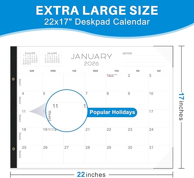 2026 Desk Calendar Large 22x17 – Desk Top Calendar 2026 with plastic cover