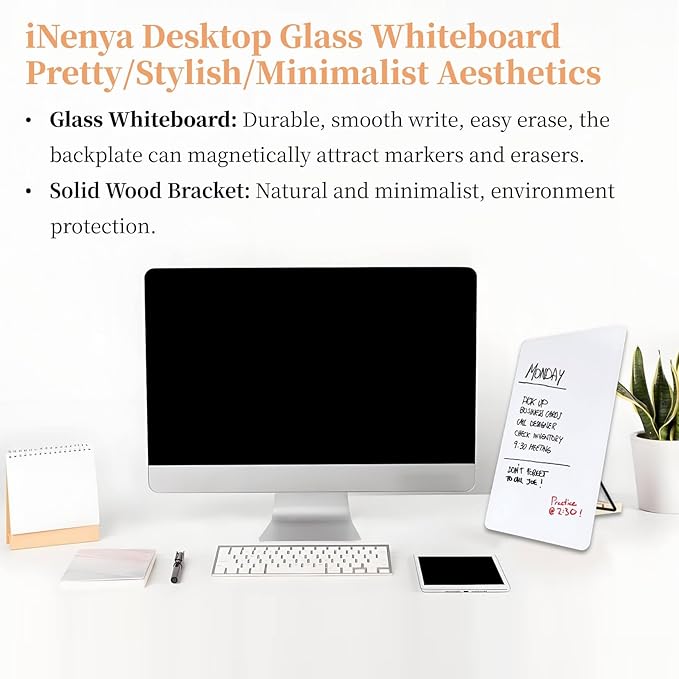 Glass White Board with Stand,Magnetic Mini Dry Erase Board for Desk,Small Desktop Whiteboard with Solid Wood Bracket