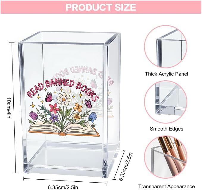 Read Books Acrylic Pencil Pen Holder Cup, Floral Reading Bookmark Holder for Book Club Library Bookshelf Desk Decor, Book Lover Gifts for Women Men Teens Teachers Bookworms Librarians Readers
