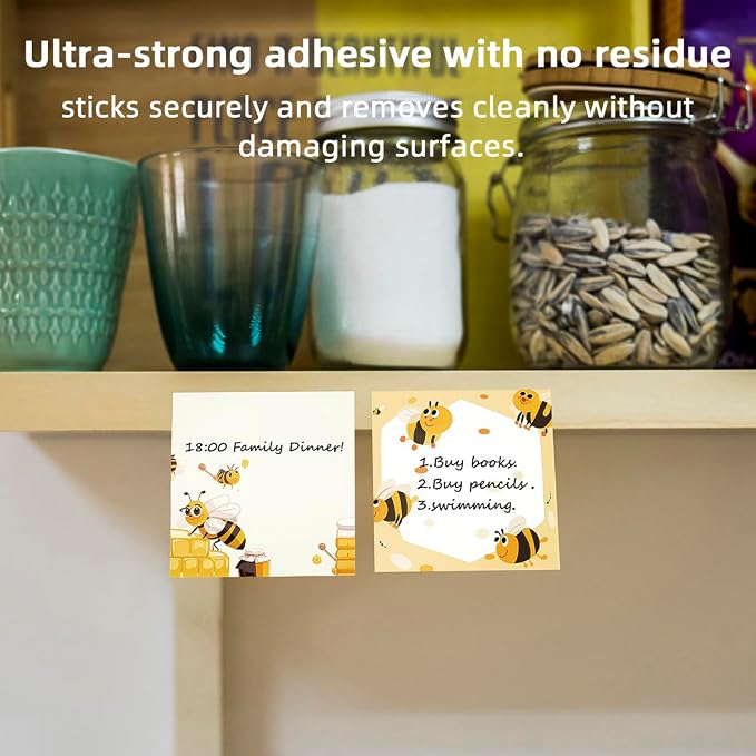 4-Pads 3x3 Sticky Notes, Bee Memo Pads with High-Adhesive, Animal Self-Stick Notes, Reusable & Tearable for Journal Planners Office School Home, Cute Stationery Gift - Bee Honey