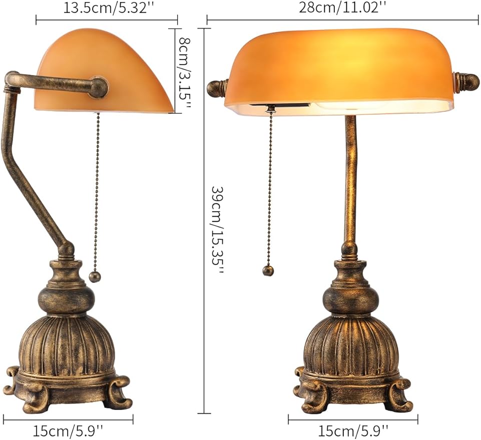 Newrays Retro Amber Glass Bankers Desk Lamp with Pull Chain Switch for Home Office, Library, Plug in Fixture, LED Bulb Included