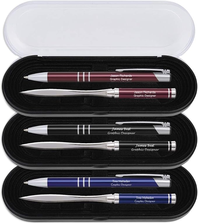 10 Custom Laser-Engraved Ballpoint Pen & Letter Slitter Gift Sets. Includes Case. Black Product Color with Silver Accents. Black Ink