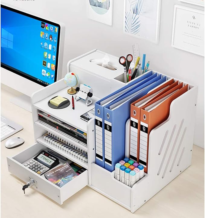 White Desktop Organizer, Multipurpose Desk Document File Tray Organizer Storage Display Shelf Rack for Home Office School(PB07-2)