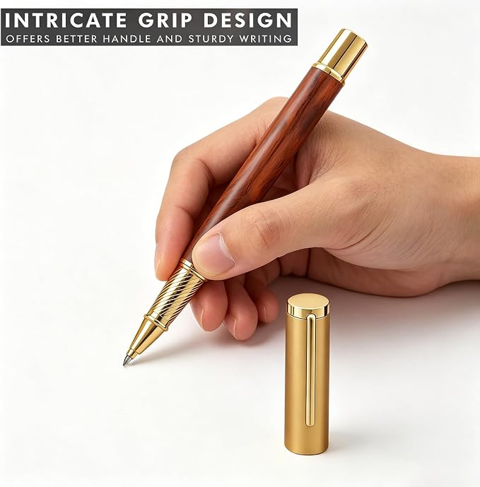 Luxury Rollerball Pen, Natural Rosewood & Metal Executive Writing Pen, Fine Point Smooth Ink, Professional Business Signature Pen Gift Set with Metal Case for Men Women