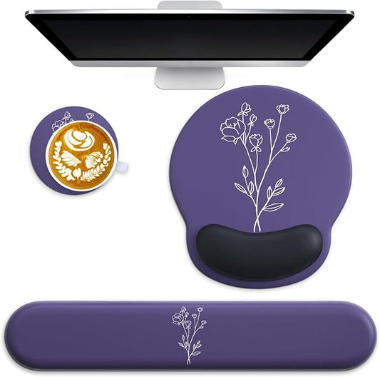 3 in 1 Ergonomic Mouse Pad and Keyboard Wrist Rest with Coaster Set-Purple | Cute Large Mousepad with Gel Wrist Support for Gaming Computer Laptop Women Office Home Desk Decor