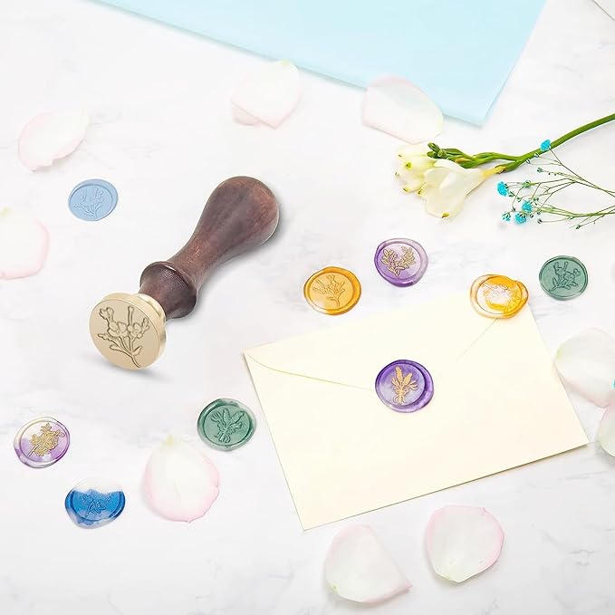 Flower and Plant Wax Seal Stamp Set, Botanical Sealing Stamper Kit, Romantic Rose Elegant Lavender Eucalyptus Leaf Cosmos Floral Pattern Brass Head for Wedding Invitation Card Envelope Planner Journal