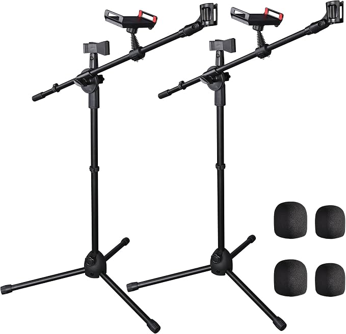 AW 2 Pack Microphone Boom Arm Stand Adjustable Tripod W/Phone Holder Dual Mic Clip