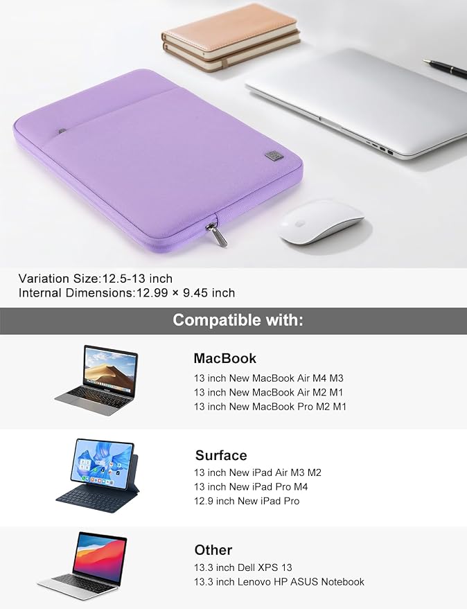 DOMISO Laptop Case Sleeve Cover Bag for 13 inch MacBook Air M5(2026) M4 M3 M2 M1,Fits 13" MacBook Neo A18,MacBook Pro M2/M1,Compatible with 13 inch HP Dell ASUS Lenovo Notebook,Purple