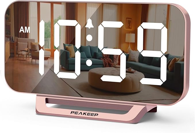 Peakeep Slim Digital Mirror Aesthetic Alarm Clock for Bedrooms Desk Decor | Plug in Electric Big LED Modern Small Clock for Office Living Room, Battery Backup, 6 Dimmers (Rose Gold)