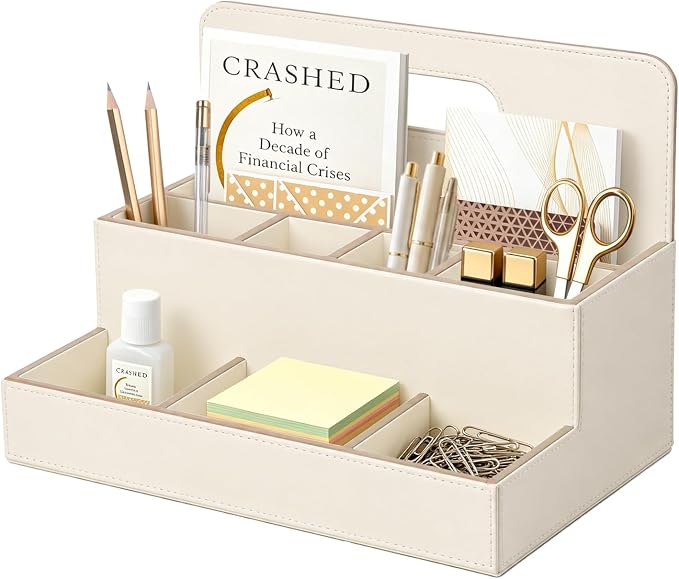 Mail Organizer Countertop, Office Desk Accessories Bill Sorter File Holder | PU Leather Aesthetic 8-Slot Art Supplies Storage Box for Stationery,TV Remote Control,Letter,Notebook,A4 paper,Home Decor