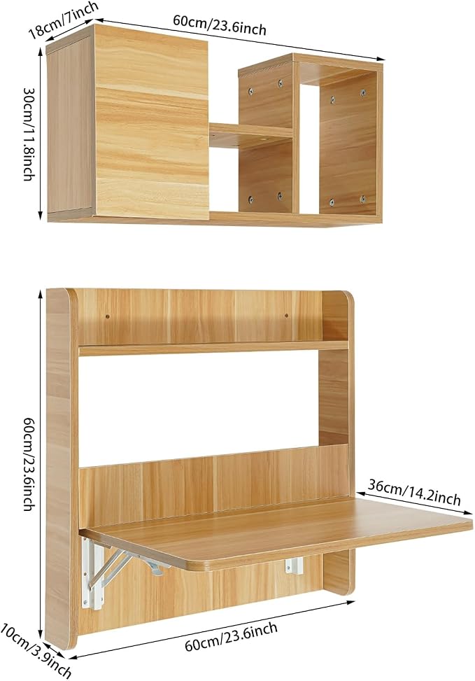 Floating Desk, 24" Wall Mounted Folding Desk with Bookshelf Folding Wall Desks Space Saving Workstation with Storage Shelves for Home Office Bedroom Study Room Small Space