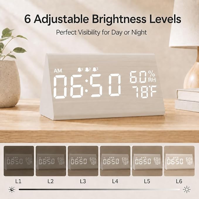 JALL Wooden Digital Alarm Clock for Bedrooms and Office, 3 Alarms with Big Digits, Humidity and Temperature Display, 6-Level Dimmer, Snooze, Loud Desk Clock for Heavy Sleepers, Plug in (White)