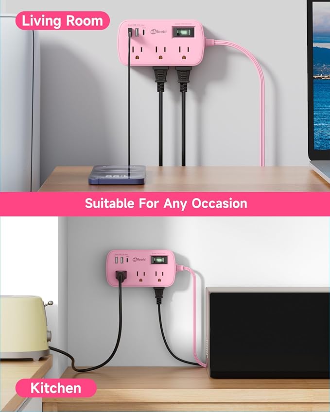 Pink Extension Cord - 5Ft Travel Power Strip with 3 USB(1 USB C) 17W Charging Station and 6 Outlets, Pink Desk Accessories with Surge Protector for Cute Kawaii Gifts College Dorm Desk