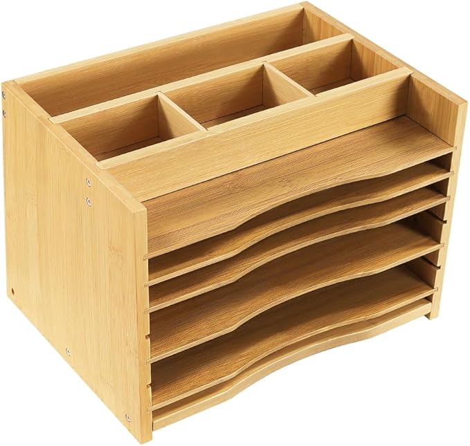 5-Tiers Bamboo File Organizer Paper Organizer Mail Sorter Document Letter Trays Desk Organizer with 4 Dividers for Office Home Study Desk Storage (Natural Color)
