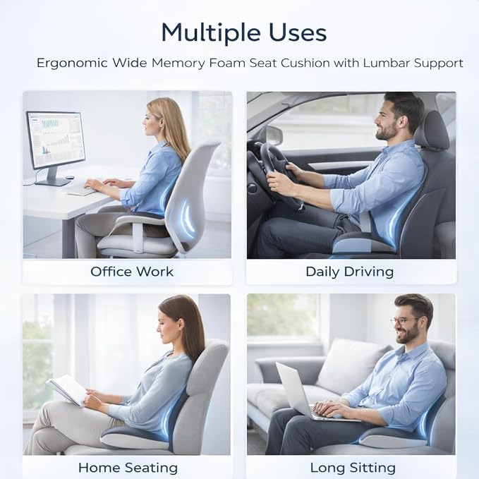 MOYEE Wide Memory Foam Seat Cushion with Lumbar Support for Office Chair & Car Seat, Ergonomic Design for Long Sitting, Gradual Relief & Lasting Support for Back, Tailbone & Sciatica Pain
