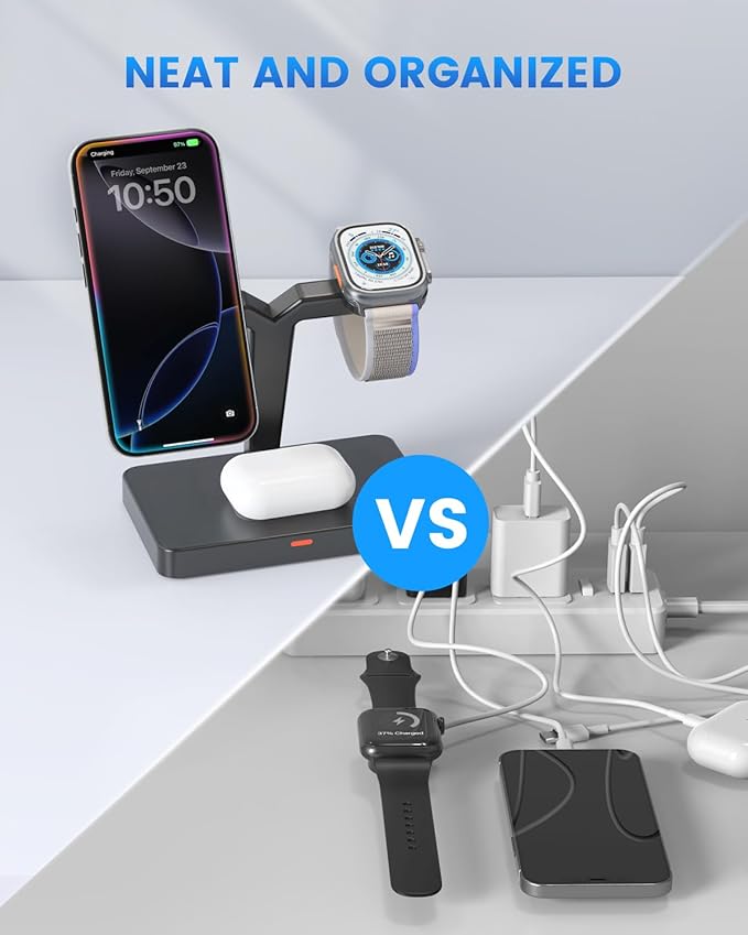 3 in 1 MagSafe Wireless Charger Stand : JoyGeek Foldable Portable Station for iPhone 17 16 15 Plus Air, Apple Watch Series 11 10, AirPods 4 (Black)