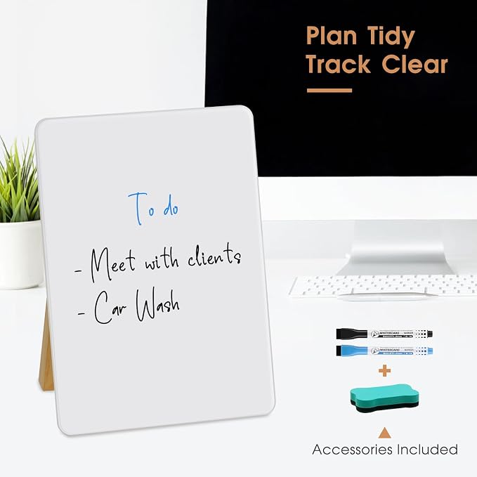 Desktop Glass Dry Erase Board, 11" x 8.2", Adjustable Wood Stand, Reusable | Small Glass Whiteboard, Desk Notepad for Home Office