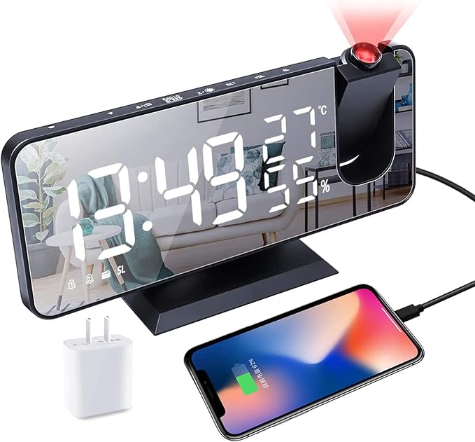 Projection Alarm Clock for Bedrooms Ceiling, Digital Clock Radio | With USB Charger Port, Temperature & Humidity Display, 7.3” Large LED Display,12/24H,Snooze,Dual Loud Clock- 4 Dimmer
