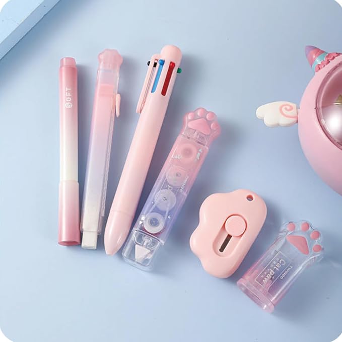 MOZXIRZ 9 Pcs Cute Pink Stationery Set Cat Paw School Supplies Kawaii Office Supplies Including Pens Pencil Sharpener Highlighter Eraser Correction Tape Ruler Utility Knife (Cat Paw-Pink)