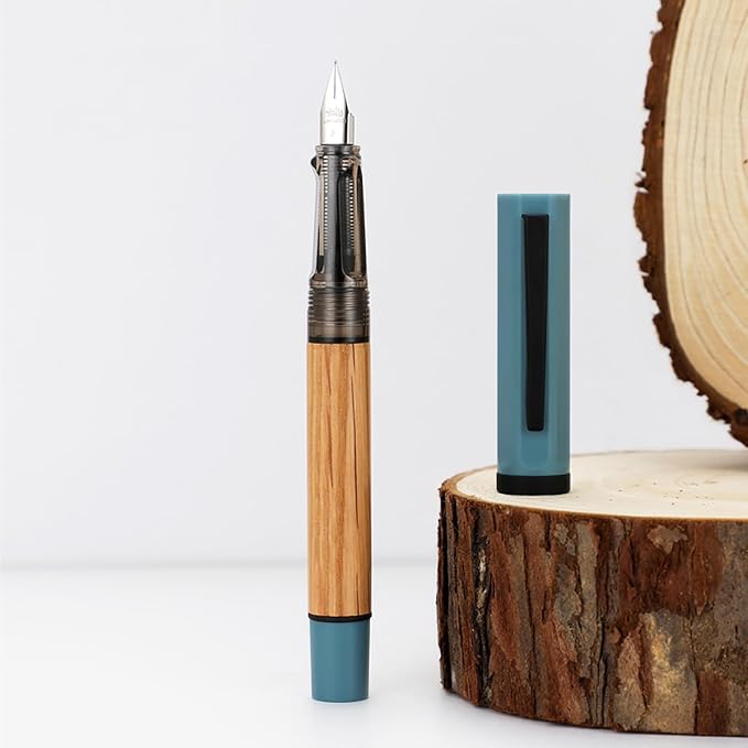 Jinhao 58 Natural Oak Wood Fountain Pen, Fine Nib Writing Pen (Blue) | Handcrafted natural oak wood pen with converter. Elegant executive gift for journaling, sketching & calligraphy