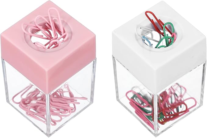 PATIKIL Magnetic Paper Clip Holder Dispenser, 2Pcs Large Capacity Paper Clip Organizers with Magnetic Top for Desk Supplies, Office, Classroom, Home, Pink/White(36Pcs, Multicolor Clip)
